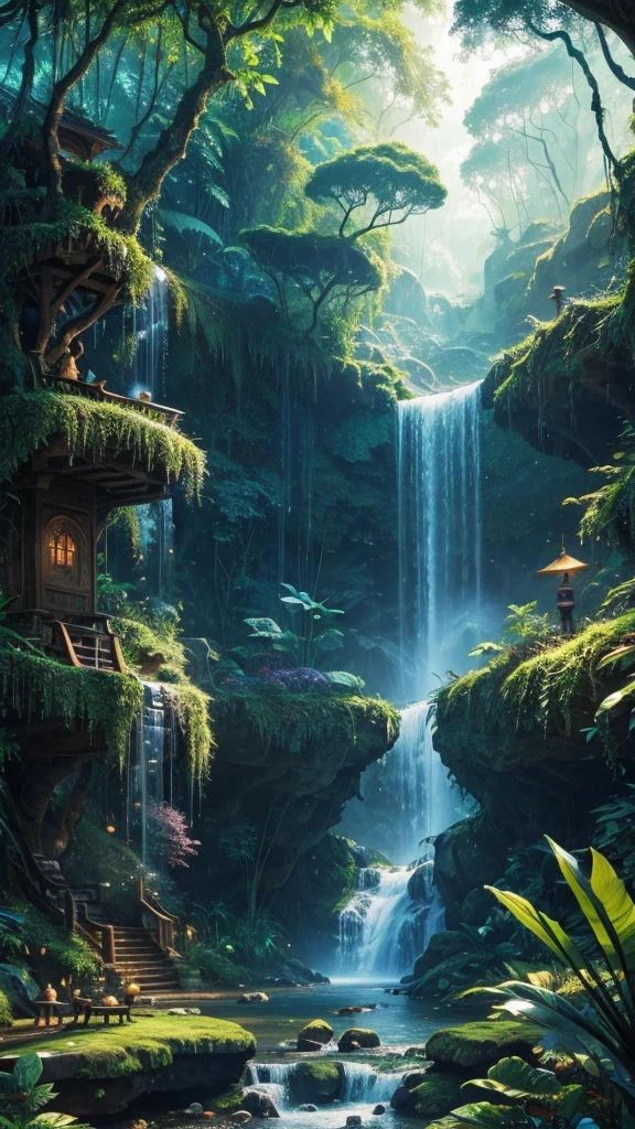 a painting of a waterfall and a forest with a waterfall, magical the jungle book, the jungle book, enchanted magical the jungle book, magical landscape, the jungle book landscape, Magic fairy tale forest, extraordinary rich and colorful landscape, Enchanted Forest backround, Mysterious fantasy landscape., Enchanted Forest, whimsical fantasy landscape art, Enchanted Forest in the background, a the jungle book, Enchanted Forest, magical world. rich and colorful