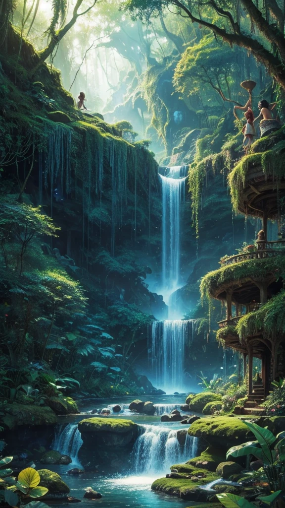 a painting of a waterfall and a forest with a waterfall, magical the jungle book, the jungle book, enchanted magical the jungle book, magical landscape, the jungle book landscape, Magic fairy tale forest, extraordinary rich and colorful landscape, Enchanted Forest backround, Mysterious fantasy landscape., Enchanted Forest, whimsical fantasy landscape art, Enchanted Forest in the background, a the jungle book, Enchanted Forest, magical world. rich and colorful