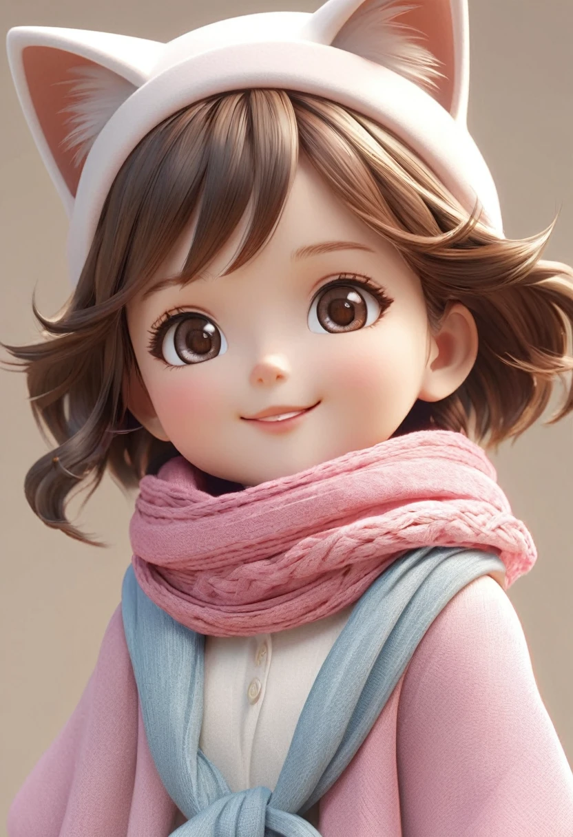 
          Q version cute  girl doll wearing cat ears hat and scarf. Elegant smile. Cute 3D cartoon style. Accurate anatomy. Extremely delicate texture. Cartoon character. Clear and detailed animation. High quality cartoon character. High quality realistic.
           