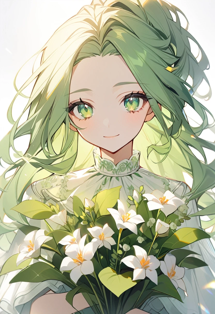 1girl, soght green eyeliner,  green simple dress，light green long perm hair，sparkling light green eyes，light smile ，has flowers，(((white background)))，(forehead)，from front