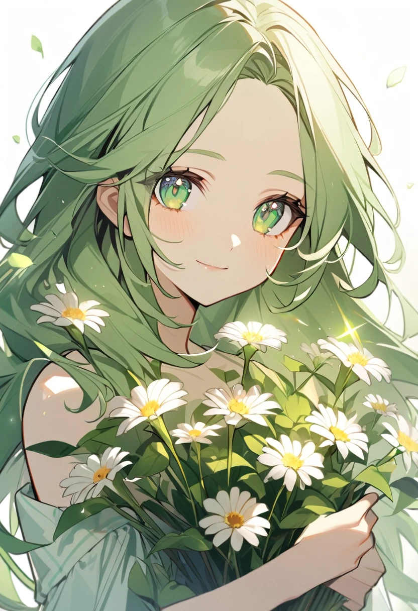 1girl, soght green eyeliner, green simple dress,light green long perm hair,sparkling light green eyes,light smile ,has flowers,(((white background))),(forehead),from front