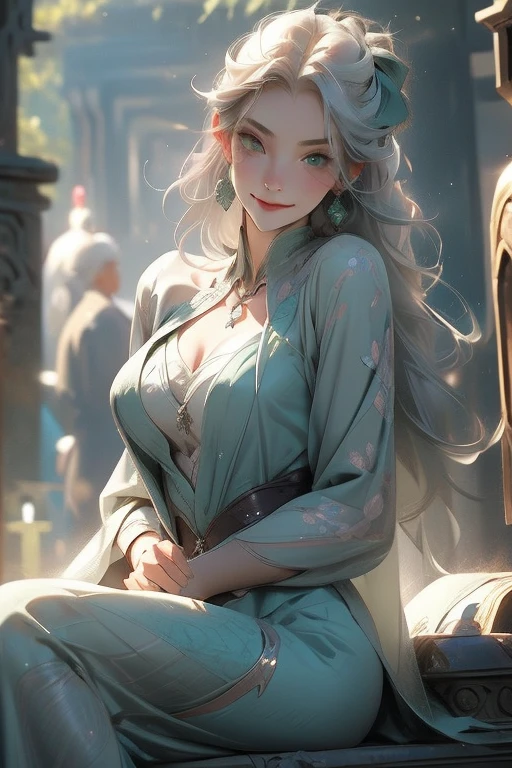Perfect face. Perfect hands. A young silver haired woman with green eyes and an hourglass figure is smiling while sitting on a tombstone in a cemetery