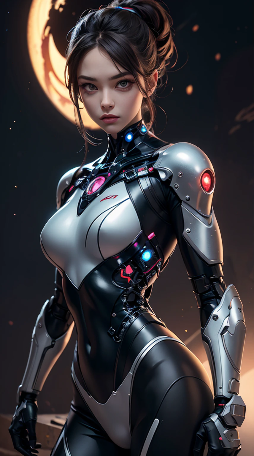 Beautiful cybernetic woman looking at camera, underwear, detailed muscles, realistic, extremely detailed face and eyes, masterpiece, background galaxy beautifull