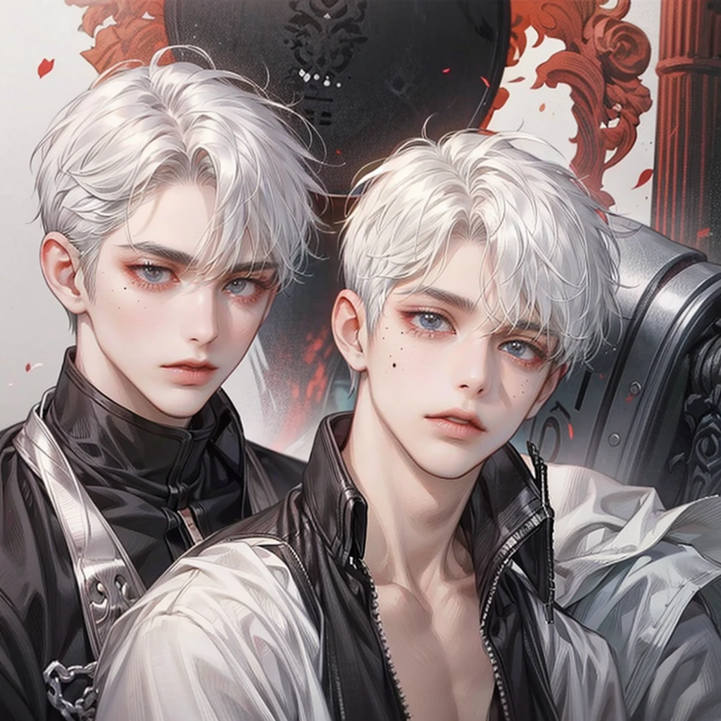 Albino anime boy, straight white hair, mullet haircut, pale skin, gray eyes, mole on left cheek, piercing in the left ear and lower lip, thin white eyebrow, fleshy lips, wearing a white poet's blouse.