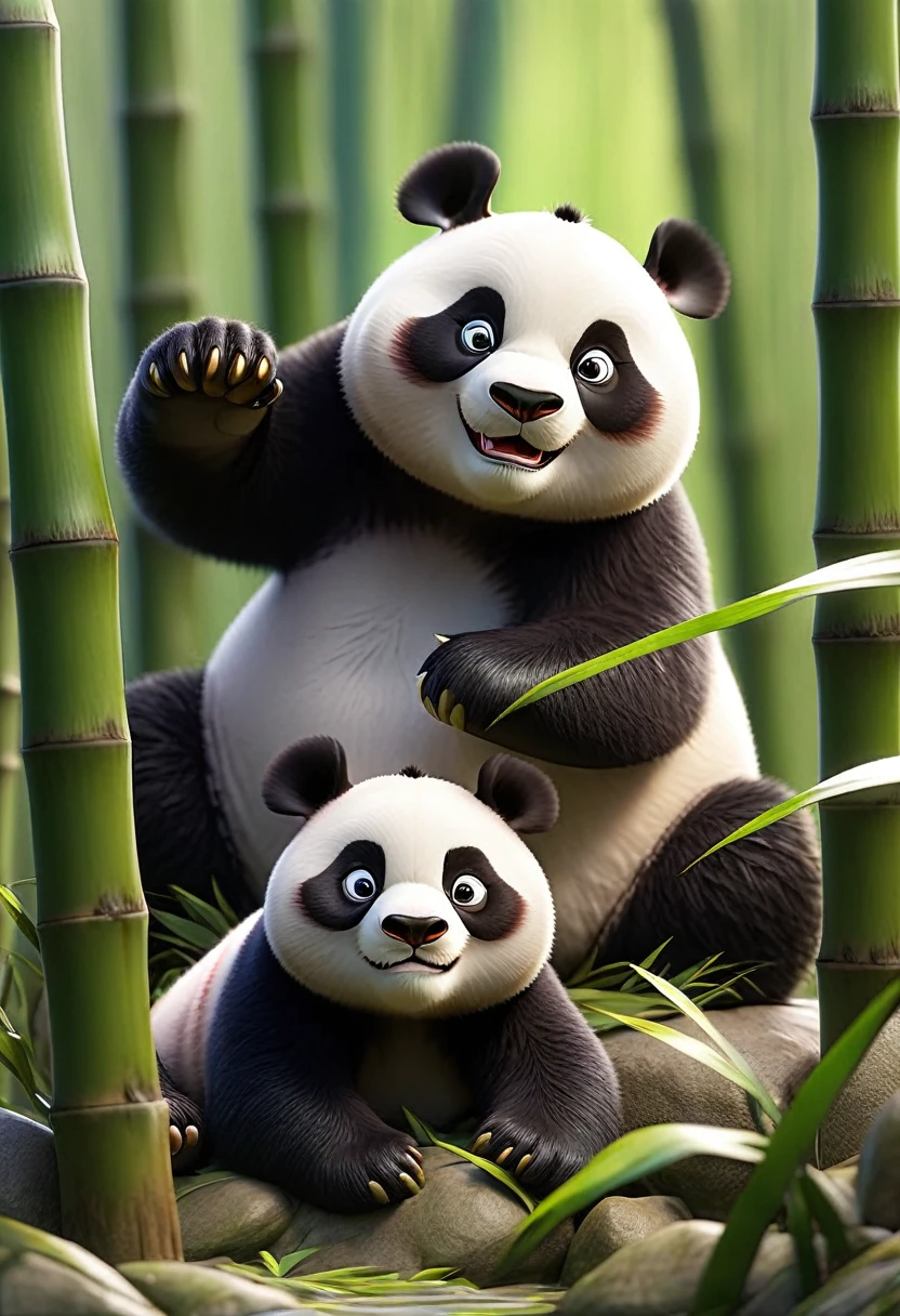 a panda closer to the front and another panda further away at the back of the image amidst the bamboo, the setting is a bamboo forest, there is a little fog close to the ground, light from back to front