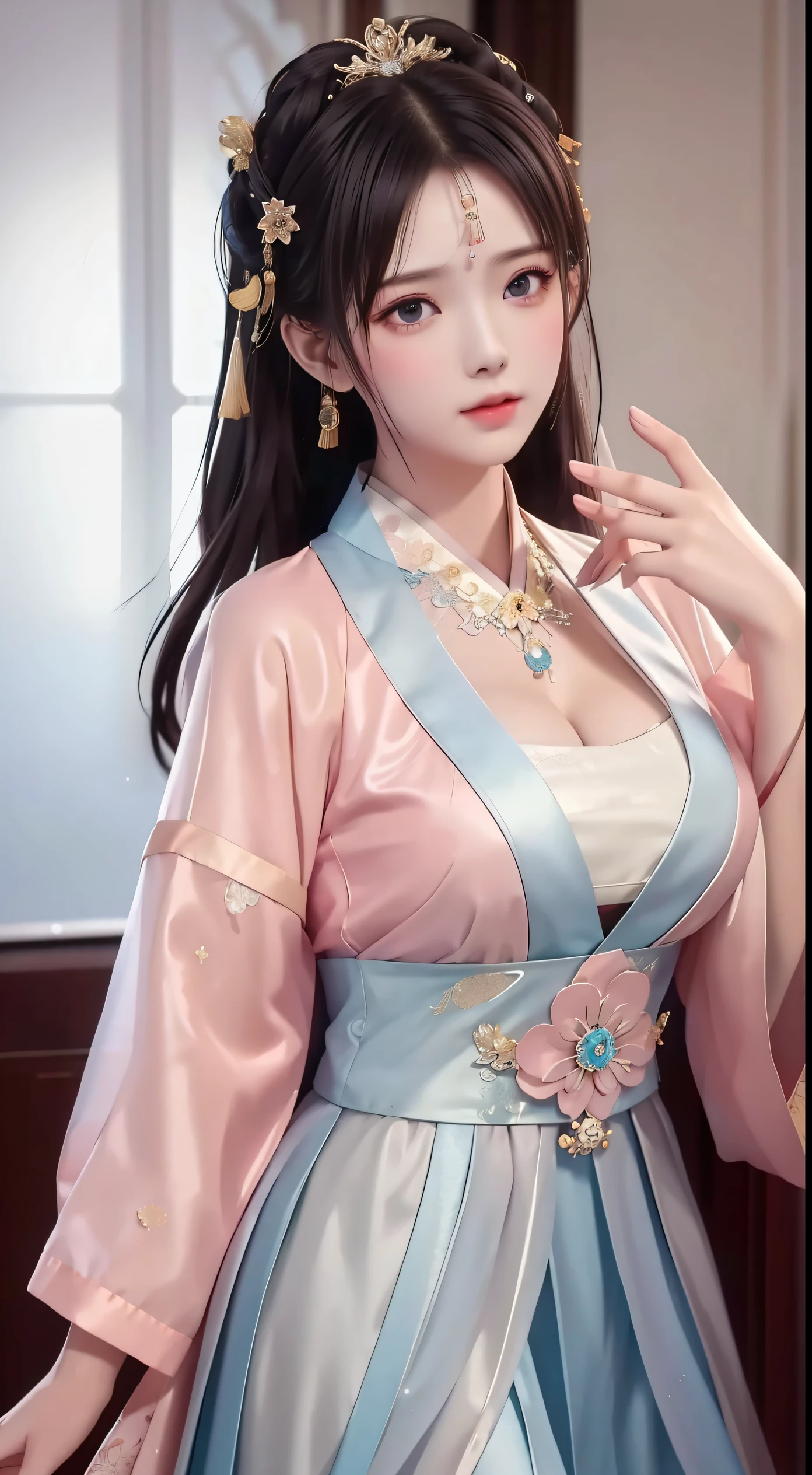 best quality, masterpiece, highres, 1girl,china dress,hair ornament,necklace, jewelry,Beautiful face,upon_body, tyndall effect,photorealistic, dark studio, rim lighting, two tone lighting,(high detailed skin:1.2), 8k uhd, dslr, soft lighting, high quality, volumetric lighting, candid, Photograph, high resolution, 4k, 8k, Bokeh, Wet-breasted Hanfu open V-chested clothes, All pictures, Wet body of thin silk fabric, Thin silk lace petticoat,princess 10 yeald old cute, (huge ，cleavage),petticoat, white pink, blue ，best qualtiy，tmasterpiece，Ultra-high resolution，（Reality：1.4），RAW photogr，（True skin texture：1.3），（filmgrain：1.3），（Selfie angle），1个Giant Breast Girl，Beautiful eye and face details，tmasterpiece，Best quality at best，exposing thighs，Bigchest，The chest is more exposed, pattern on fabric
