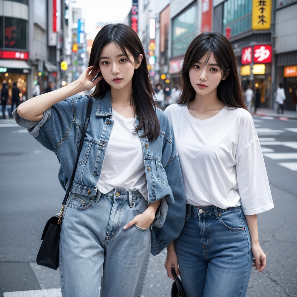 Top quality, 1 beautiful japanese woman, tokyo, Instagrammer,SNSコンポジション, 長い髪, y2k fashion,denim