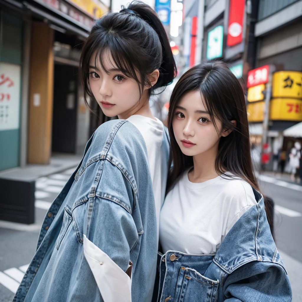 Top quality, 1 beautiful japanese woman, tokyo, Instagrammer,SNSコンポジション, 長い髪, y2k fashion,denim