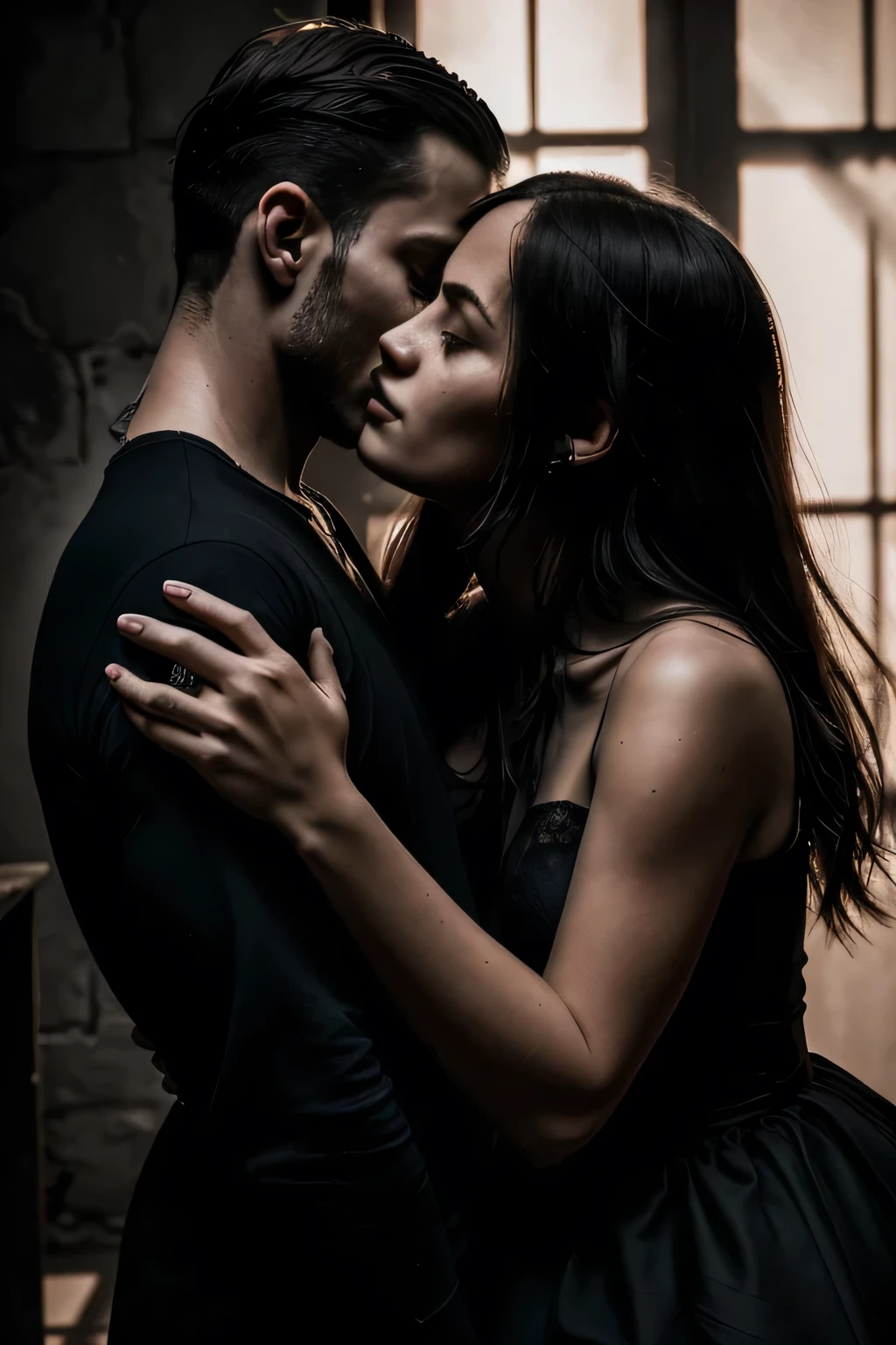 Man affectionately biting woman's neck in an intimate moment, wearing dark clothes. 4K resolution captures every detail, from the texture of the dress's fabric to the delicate play of shadows and light on the skin. vivid, emotionally charged moment."