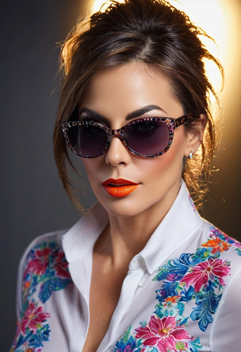 American milf women wearing sun glasses, detailed portrait, sharp focus, high resolution, photorealistic, beautiful detailed eyes, beautiful detailed lips, extremely detailed face, longeyelashes, fresh and agile look, stylish outfit, dynamic pose, studio lighting, vivid colors, professional photography