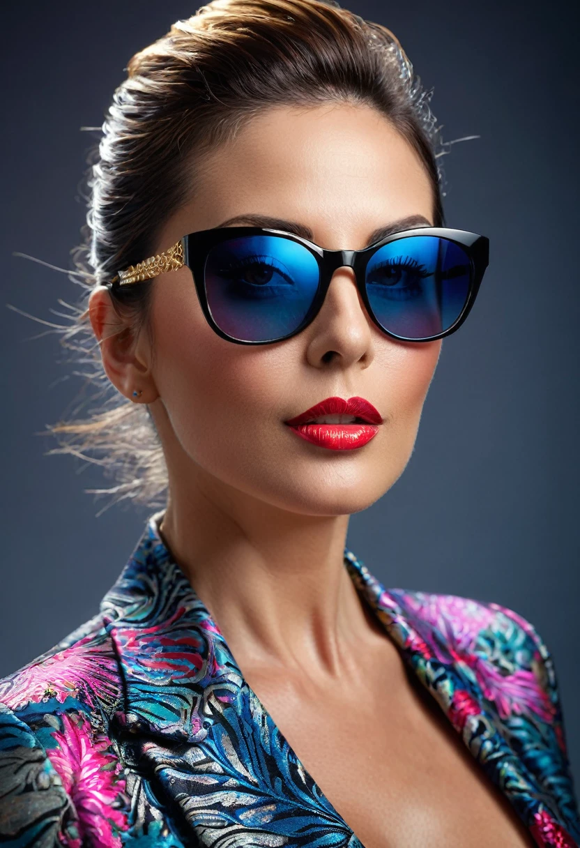 American milf women wearing sun glasses, detailed portrait, sharp focus, high resolution, photorealistic, beautiful detailed eyes, beautiful detailed lips, extremely detailed face, longeyelashes, fresh and agile look, stylish outfit, dynamic pose, studio lighting, vivid colors, professional photography