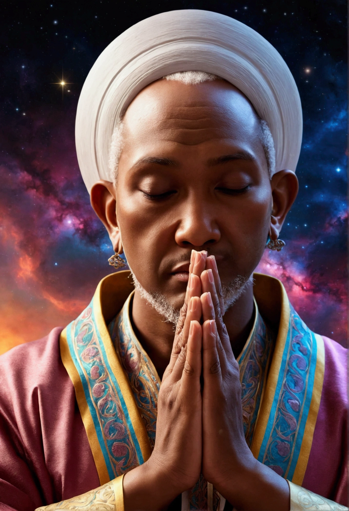 (Prayer Postureをとるアッラーの手:1.10), (Colorful Nebula:), Vibrant colors, an explosion of colors, The complex surroundings, The background is complicated, spiritual, god聖な, dream-like, god, Pineal gland, dream-like, (Highly detailed CG unit wallpaper 16k:1.1), (Noise suppression: 1.45), (masterpiece:1.37), Ultra-high resolution), Praying Hands, Blessing Hands, solemn gesture, Prayer Posture, Surreal, Godrays, Ray Tracing, Ray Tracing, Ultra-high resolution, Award-winning, Award-winning