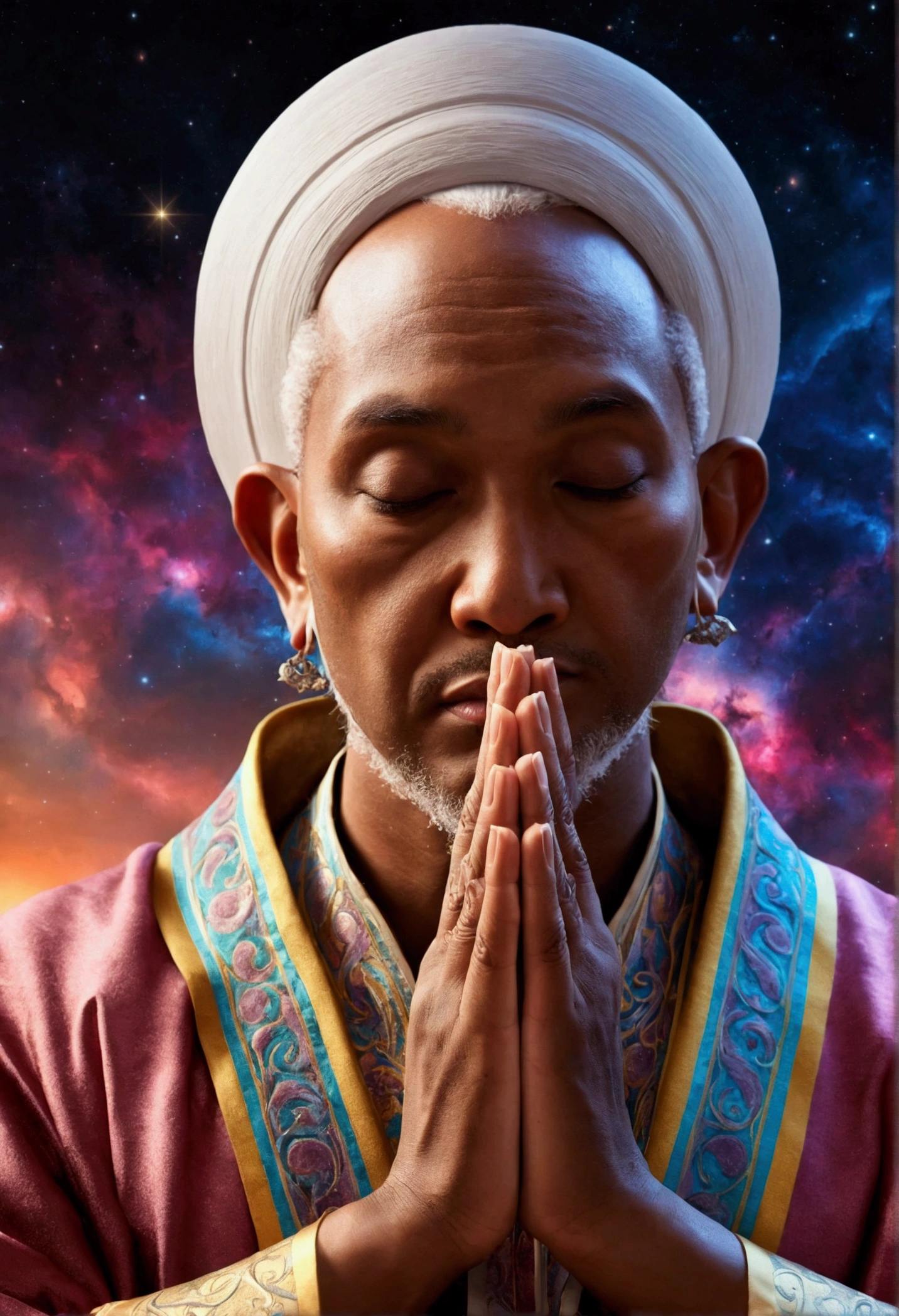 (Prayer Postureをとるアッラーの手:1.10), (Colorful Nebula:), Vibrant colors, an explosion of colors, The complex surroundings, The background is complicated, spiritual, god聖な, dream-like, god, Pineal gland, dream-like, (Highly detailed CG unit wallpaper 16k:1.1), (Noise suppression: 1.45), (masterpiece:1.37), Ultra-high resolution), Praying Hands, Blessing Hands, solemn gesture, Prayer Posture, Surreal, Godrays, Ray Tracing, Ray Tracing, Ultra-high resolution, Award-winning, Award-winning