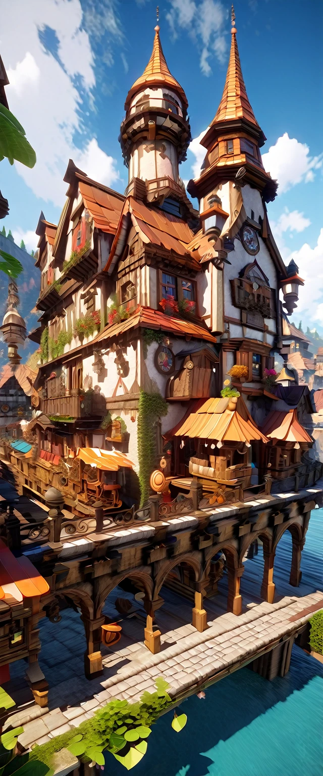 Fantasy painting of a riverside village, rendered in cinema4d, Spherical, Precise nautical details, Creative character design, Whimsical cartoon style, 32k ultra high definition--ar 2:1