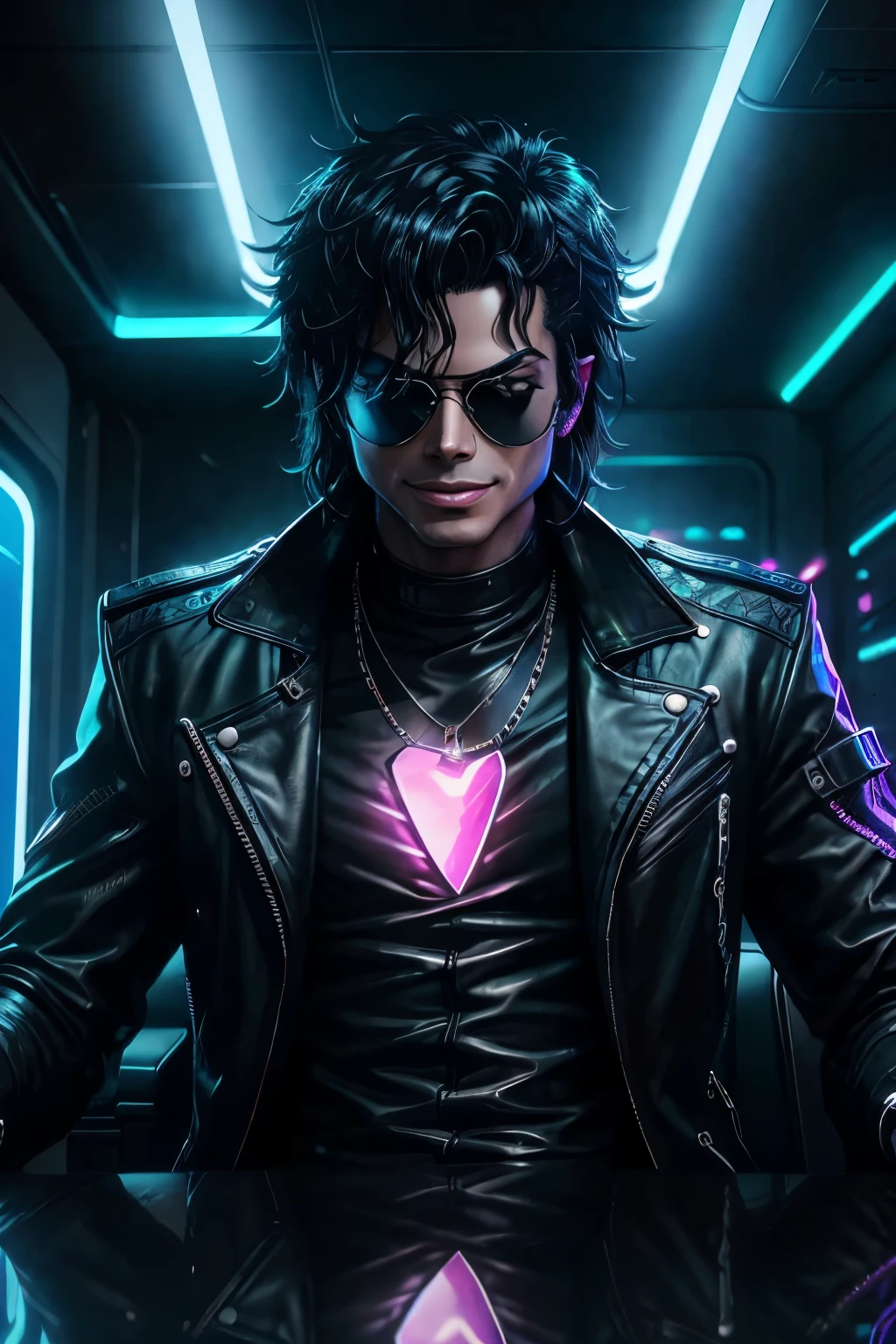 super car with Michael Jackson sitting in the driver's seat, draped in a black leather jacket, glowing under the neon city lights, 8K, ultra-realistic, detailed, shine reflecting off his iconic silver sequined glove, sunglasses perched on his nose, radio blasting his music, his legendary smile radiating, smooth leather interior, futuristic design.