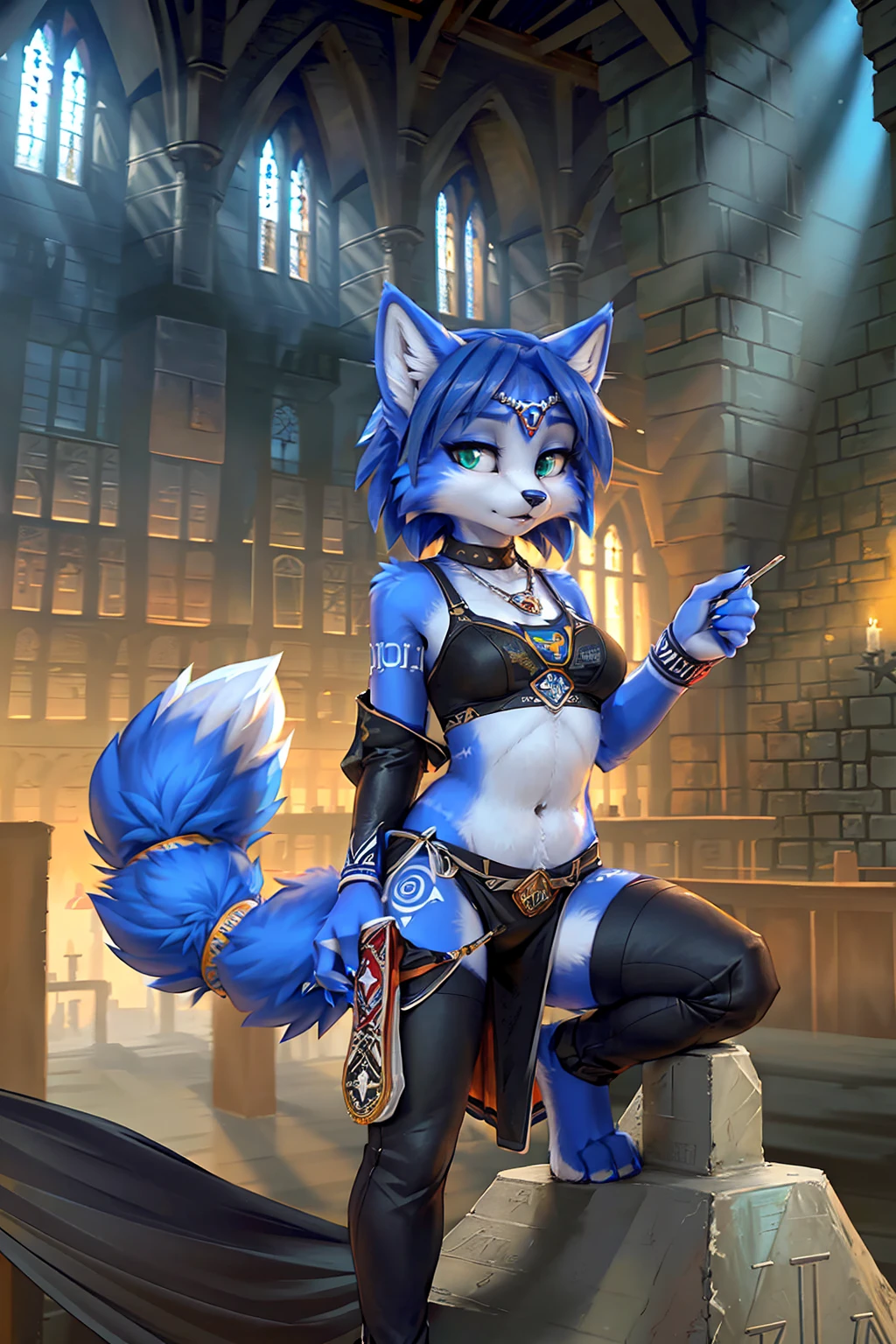 A beautiful and detailed (sweet picture) wa ((krystal)), Star Fox krystal,  green eyes, medium breasts, (((Long blue hair 1.3))),  anthro, furry, (wa Fluff-Kevlar, Bayard Wu, personalize me, Pino Daeni),  detailed fluffy fur, detailed face, (fluffy), 1 girl, alone, hair cover one eye:1.4, wears tribal clothing with leather armor, wears tribal top with leather armor, (((steht in der großen halle wa hogwarts auf einer bühne:1.4)))