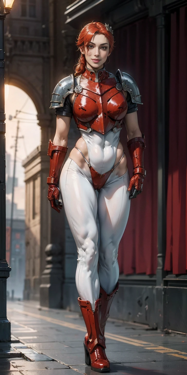 (masterpiece, best quality, 4k, 1girlsolo, 1MILFWOMAN, smile RED cheeks, plain background:1.2) perfect face, perfect lighting, mature whsororitas with gloves RED gauntlets in her hands like Cammy White from Street Fighter, bob RED hair, warhammer 40k power armor suit with loincloth, red eyes like rubies, full body RED armor, view from below, looking to the viewer, arms to the sides empty hands, RED military boots, silver skull ornament attached to crossing 2 belt wide hips, 2 long legs