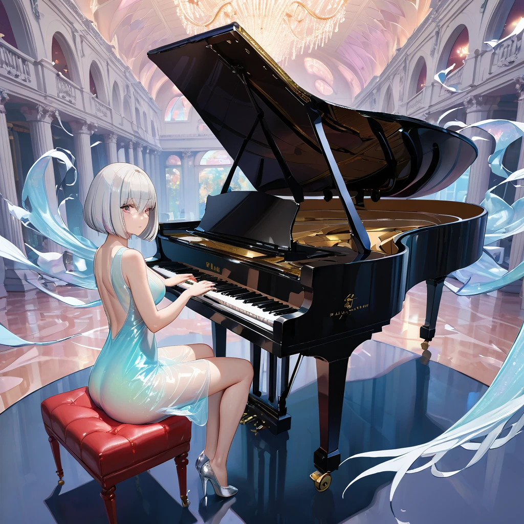 (best quality, masterpiece, absurdres, highres, ultra-detailed, extremely detailed, 32k, cinematic scene, detailed background), (full body:1.2), 1 girl, solo, perfect face, (platinum silver hair:1.5), (airy bob cut:1.6), (bang between eyes:1.4), (glossy silver eyes:1.5, large eyes), large breasts, Draw the outline in white,Gentle colors,Translucent vinyl dress,bioluminescent dress,Fantasy,dream, black highheel, (red large cosage on her hair:1.3), large hall, 1grand piano, sit on piano stool, ((play large grand piano:2.0)), looking at grand piano, The spotlight is shining on the piano, shoot from side