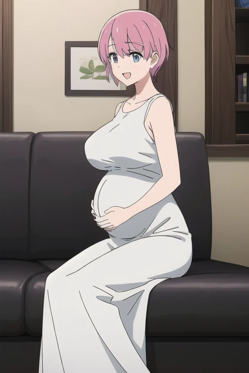 (Highly detailed CG Unity 8K wallpapers),(masterpiece),(Highest quality),(Very detailed),(Best illustrations),(Best Shadow),(Absurd), Michiyo, One Girl, Big guy, Pink Hair, Sitting, sofa, smile, shirt, Open your mouth,(Sleeveless Maxi Dress), short hair, indoor, Put your hands on your stomach、(Huge breasts:2.5)、Milk Tent、From the side:0.7、Pregnant women、