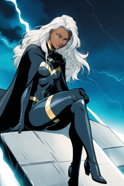 X men, storm, 1girl, solo, cape, long cape, thigh highs boots, gloves, Ororo, bodysuit, strapless, white hair, black superhero suit, long hair, sitting
