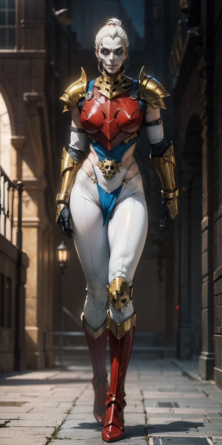 (masterpiece, best quality, 4k, 1solosqueleton with skull head and golden armor, smile, plain background:1.2) perfect face, perfect lighting, mature with gloves red gauntlets in her hands like Cammy White from Street Fighter, bob white hair, warhammer 40k power armor suit with loincloth, red eyes like rubies, full body GOLDEN armor, view from below, looking to the viewer, arms to the sides empty hands, RED military boots, silver skull ornament attached to crossing 2 belt wide hips, 2 long legs