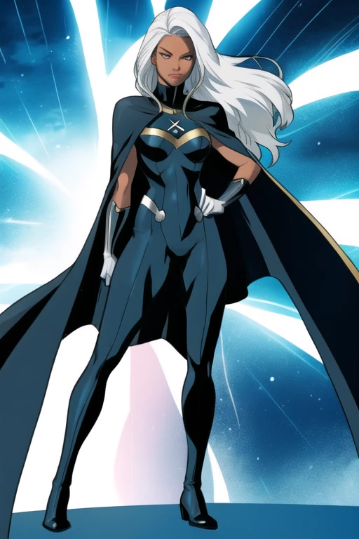 X men, storm, 1girl, solo, cape, long cape, thigh highs boots, gloves, Ororo, bodysuit, strapless, white hair, black superhero suit, long hair, standing