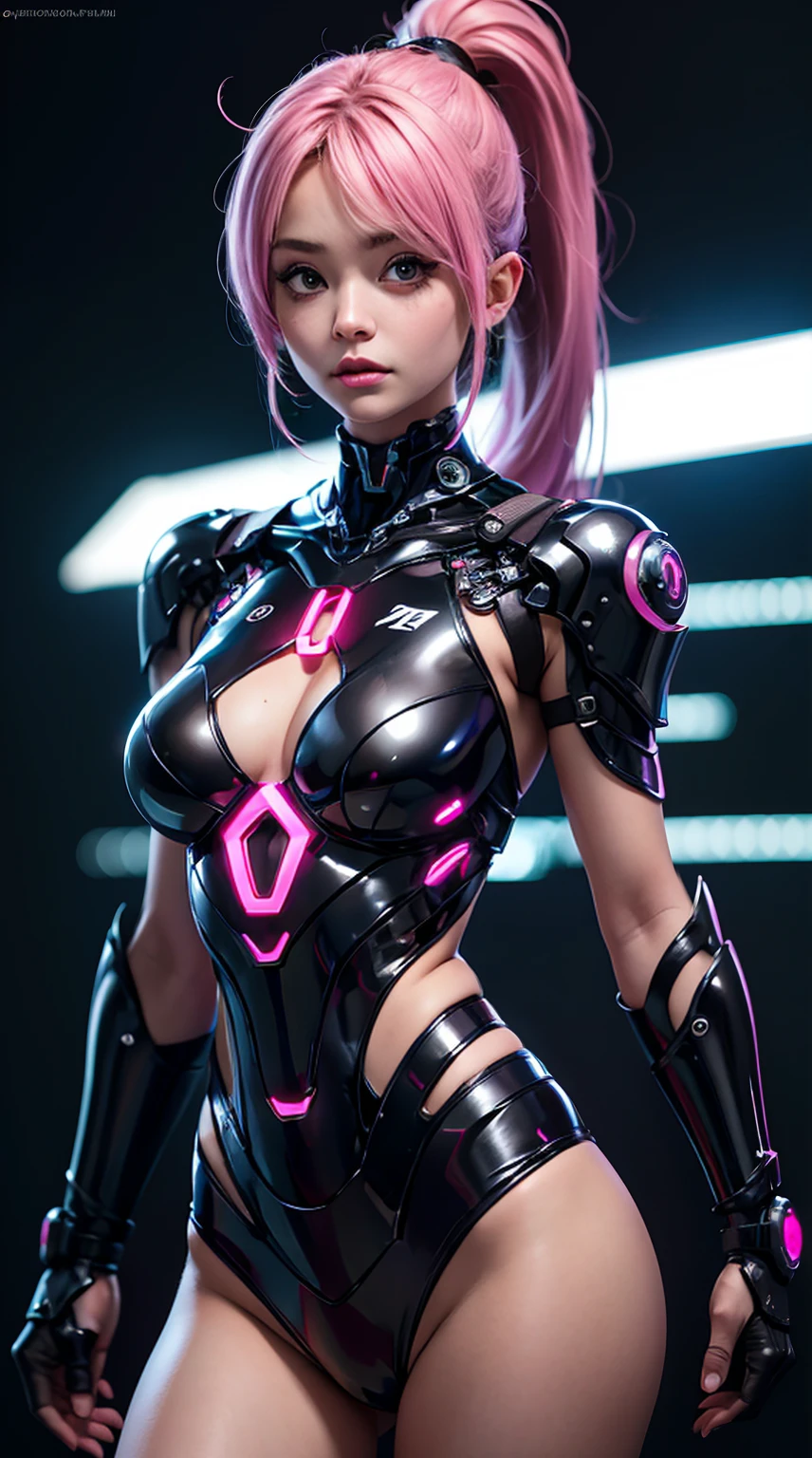 Beautiful cybernetic woman looking at camera, underwear, detailed muscles, realistic, extremely detailed face and eyes, masterpiece, background neon futuristic, pink hair, ponytail
