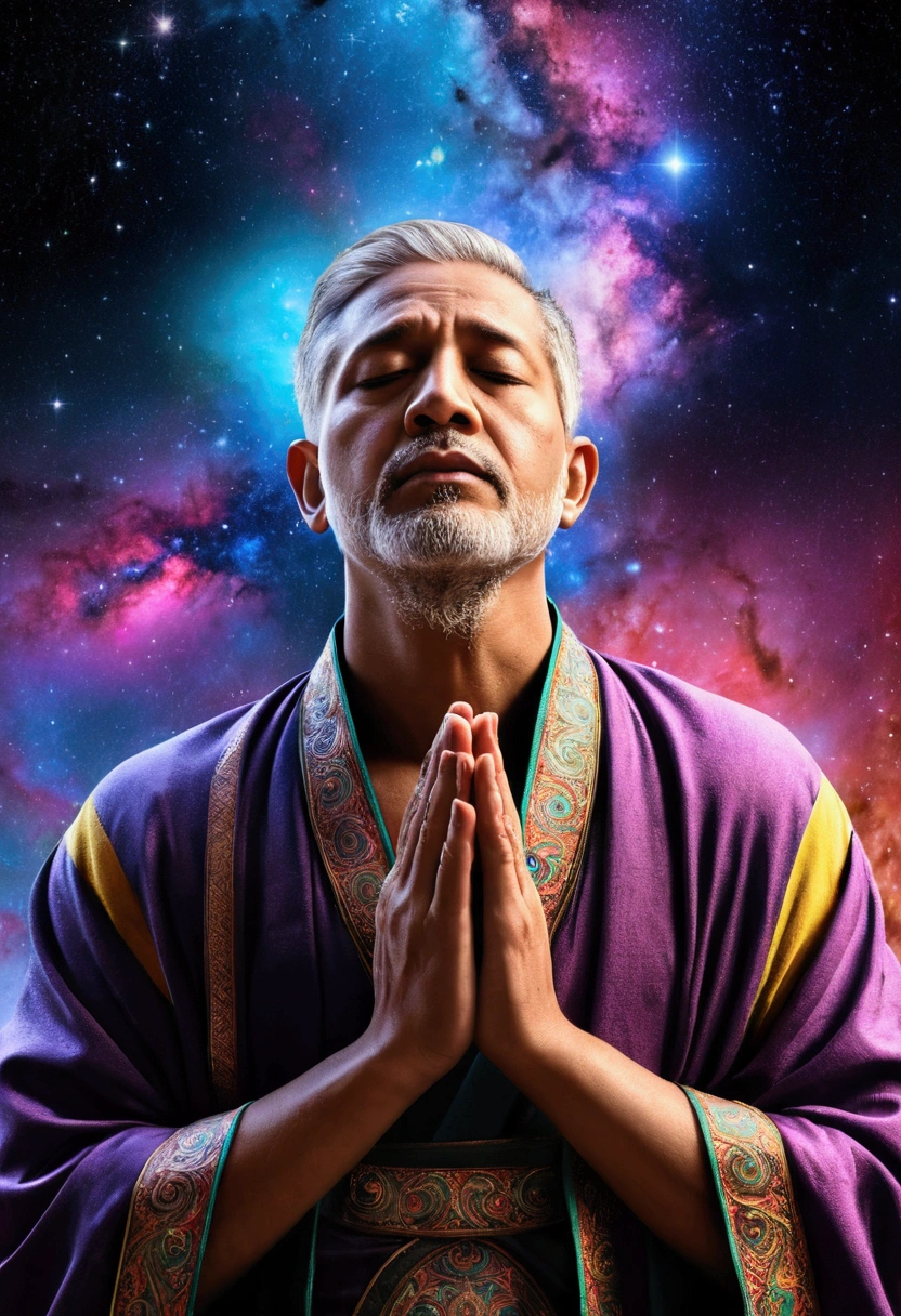 Prayer Posture,whole body, (Colorful Nebula:), Vibrant colors, an explosion of colors, The complex surroundings, The background is complicated, spiritual, god聖な, dream-like, god, Pineal gland, dream-like, (Highly detailed CG unit wallpaper 16k:1.1), (Noise suppression: 1.45), (masterpiece:1.37), Ultra-high resolution), Praying Hands, Blessing Hands, solemn gesture, Prayer Posture, Surreal, Godrays, Ray Tracing, Ray Tracing, Ultra-high resolution, Award-winning, Award-winning