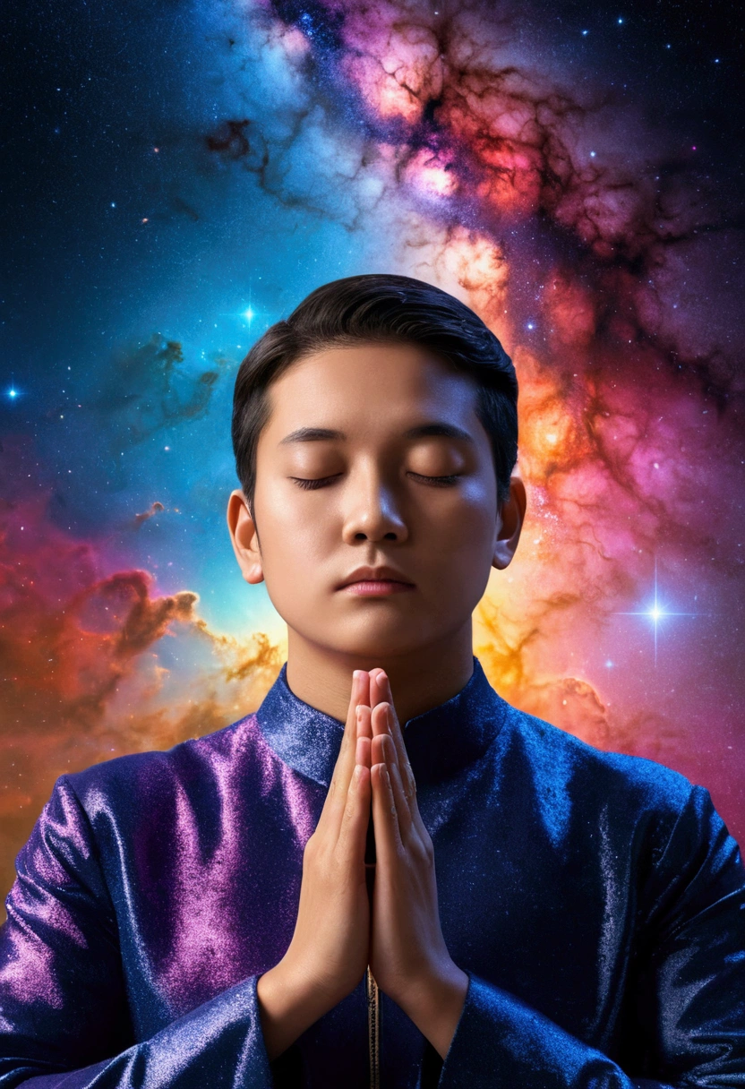 Prayer Posture,whole body, (Colorful Nebula:), Vibrant colors, an explosion of colors, The complex surroundings, The background is complicated, spiritual, god聖な, dream-like, god, Pineal gland, dream-like, (Highly detailed CG unit wallpaper 16k:1.1), (Noise suppression: 1.45), (masterpiece:1.37), Ultra-high resolution), Praying Hands, Blessing Hands, solemn gesture, Prayer Posture, Surreal, Godrays, Ray Tracing, Ray Tracing, Ultra-high resolution, Award-winning, Award-winning