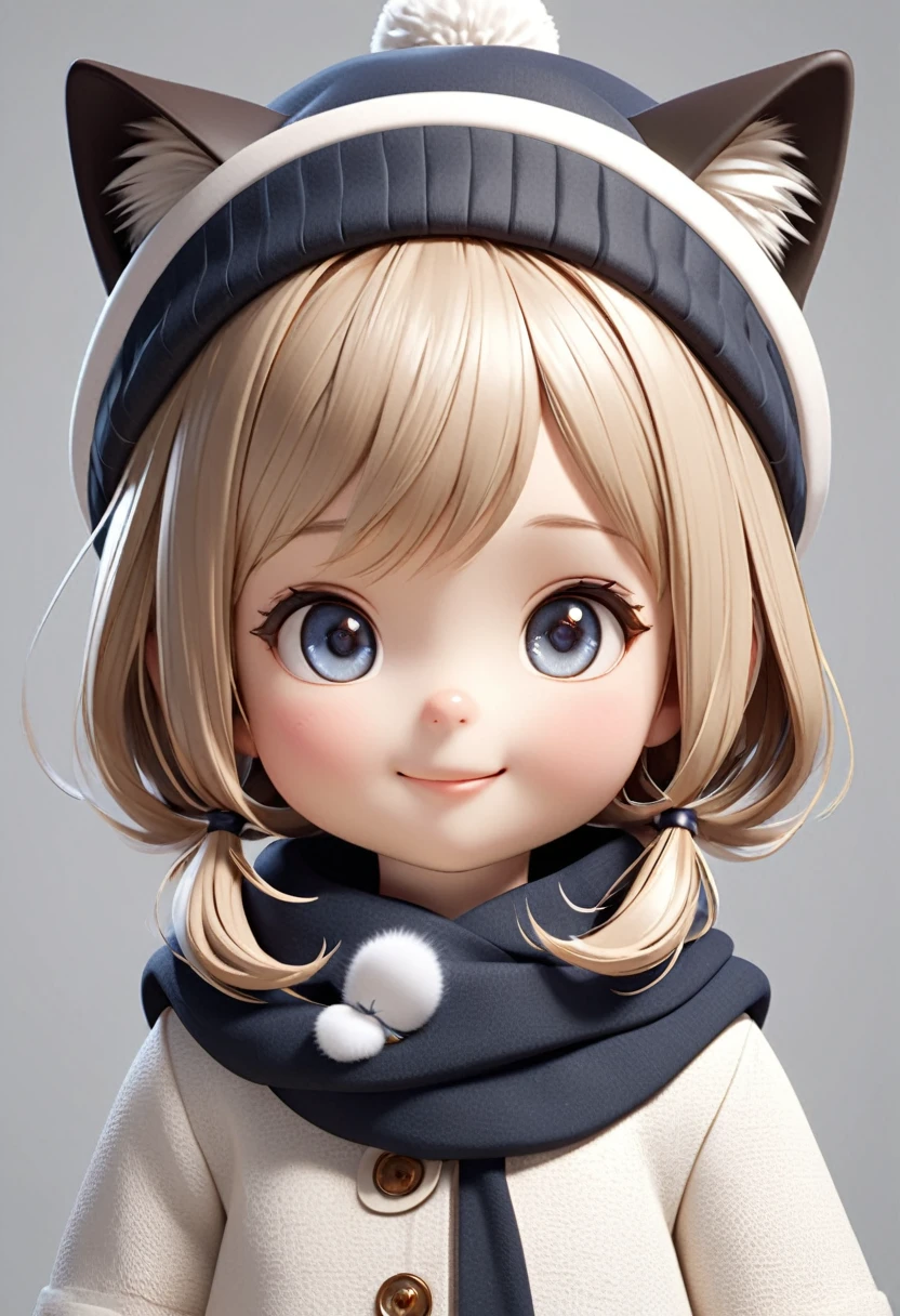 Q version cute doll wearing cat ears hat and scarf. Elegant smile. Cute 3D cartoon style. Accurate anatomy. Extremely delicate texture. Cartoon character. Clear and detailed animation. High quality cartoon character. High quality realistic.