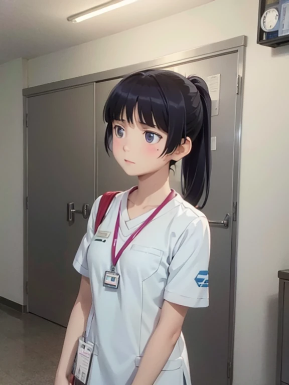 girl, alone, (ruri gokou), ponytail, Medical scrub、Light Blue Club、Female nurse、Hold in hand、Short sleeve、Long trousers, (ID card)、strap、Hospital corridor、Warm lighting、sense of cleanliness