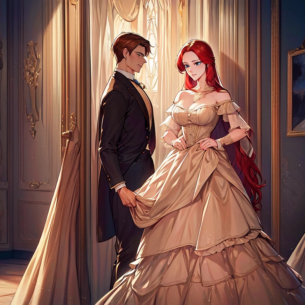 1 beautiful detailed woman with red hair and blue eyes,1 handsome man with blonde hair and brown eyes,victorian era,duchess,expensive dress,living room,mansion,pinning male servant to wall,manhwa style,ultra-detailed,(realistic,photorealistic,photo-realistic:1.37),(best quality,4k,8k,highres,masterpiece:1.2),ultra-fine painting,vivid colors,extreme detail description