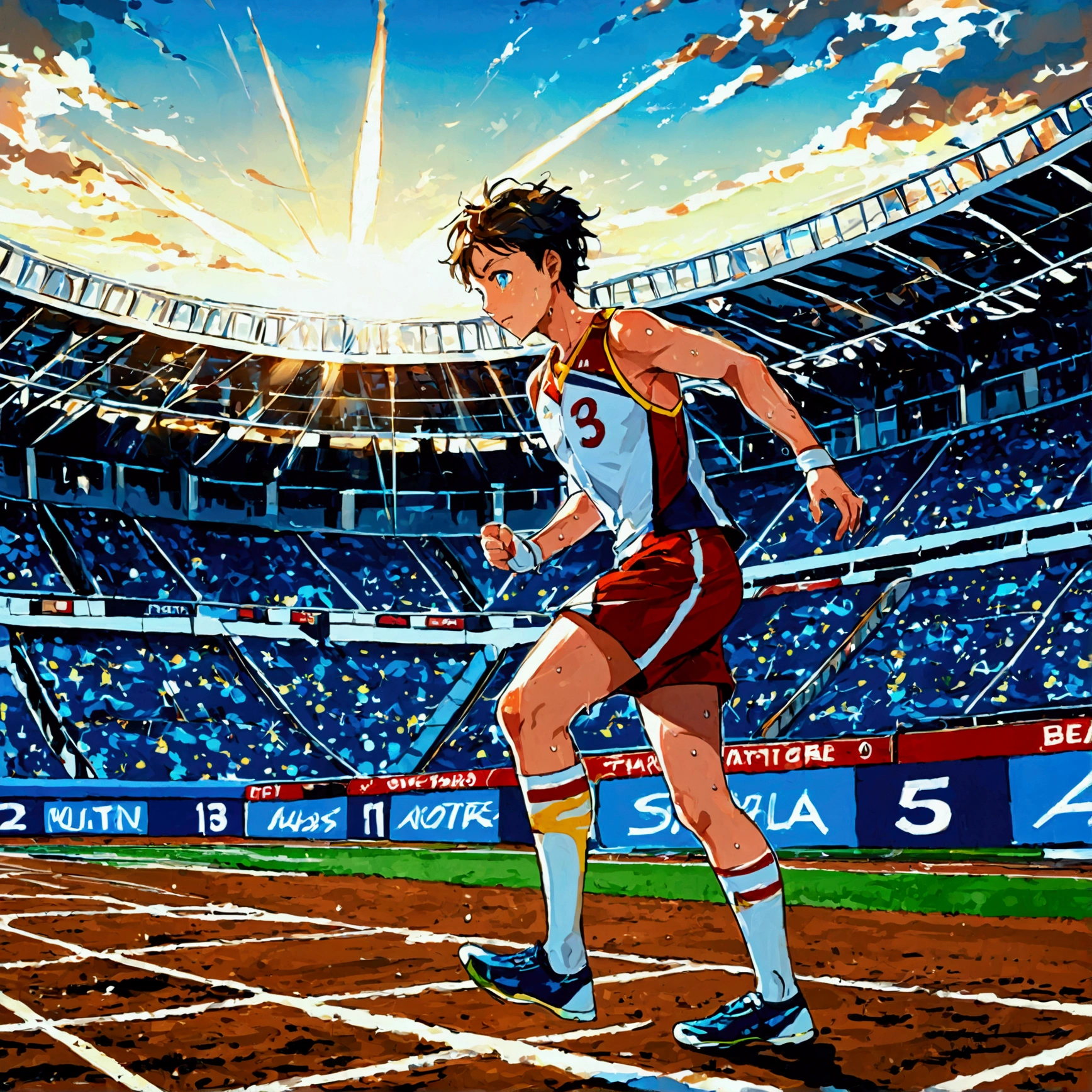 score_9, source anime, 1boy, an athlete is running in the track of the stadium, front shot, perfect face, playful expression, sweat, outdoor, blue sky, shiny day, dramatic lighting, cinematic, best quality, 8k, masterpiece, ultra-detailed,very aesthetic, absurdres, newest,Perfect Hands