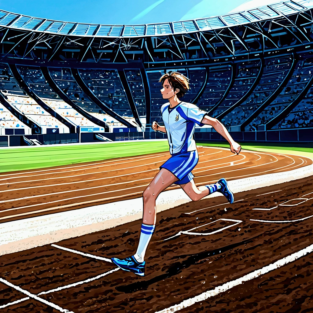 score_9, source anime, 1boy, an athlete is running in the track of the stadium, front shot, perfect face, playful expression, sweat, outdoor, blue sky, shiny day, dramatic lighting, cinematic, best quality, 8k, masterpiece, ultra-detailed,very aesthetic, absurdres, newest,Perfect Hands