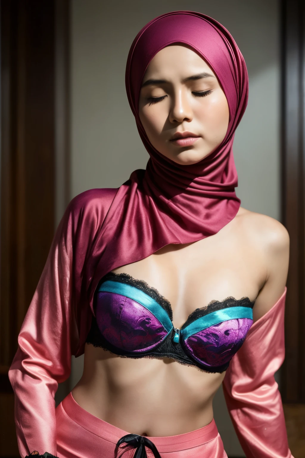 ((Realistic :2.2)), ((Naked Colourful)), ((Big Tits:0.1)), ((Flat Chest :1.2)), Wear kebaya coats and act like Rosyam, ((Closed Eyes)), ((Strapless Colourful bra Flat Chest)), Naked, Angry pose, Angry face, (((HIJAB MALAY GIRL))), masutepiece, High quality, UHD 45K, Realistic face, Realistic skin feeling , A Japanese Lady, 8 , , Very cute and baby-like face, (((FLAT CHEST))), ((look In front  at the camera and SADNESS)), (((VERY THIN SKINNY))), (((CUTE GIRL))), ((SATIN LACE)), ((UNDRESS)). Brown, Flat Chest, Sitting, from behind view up, seductive pose, (Small face)