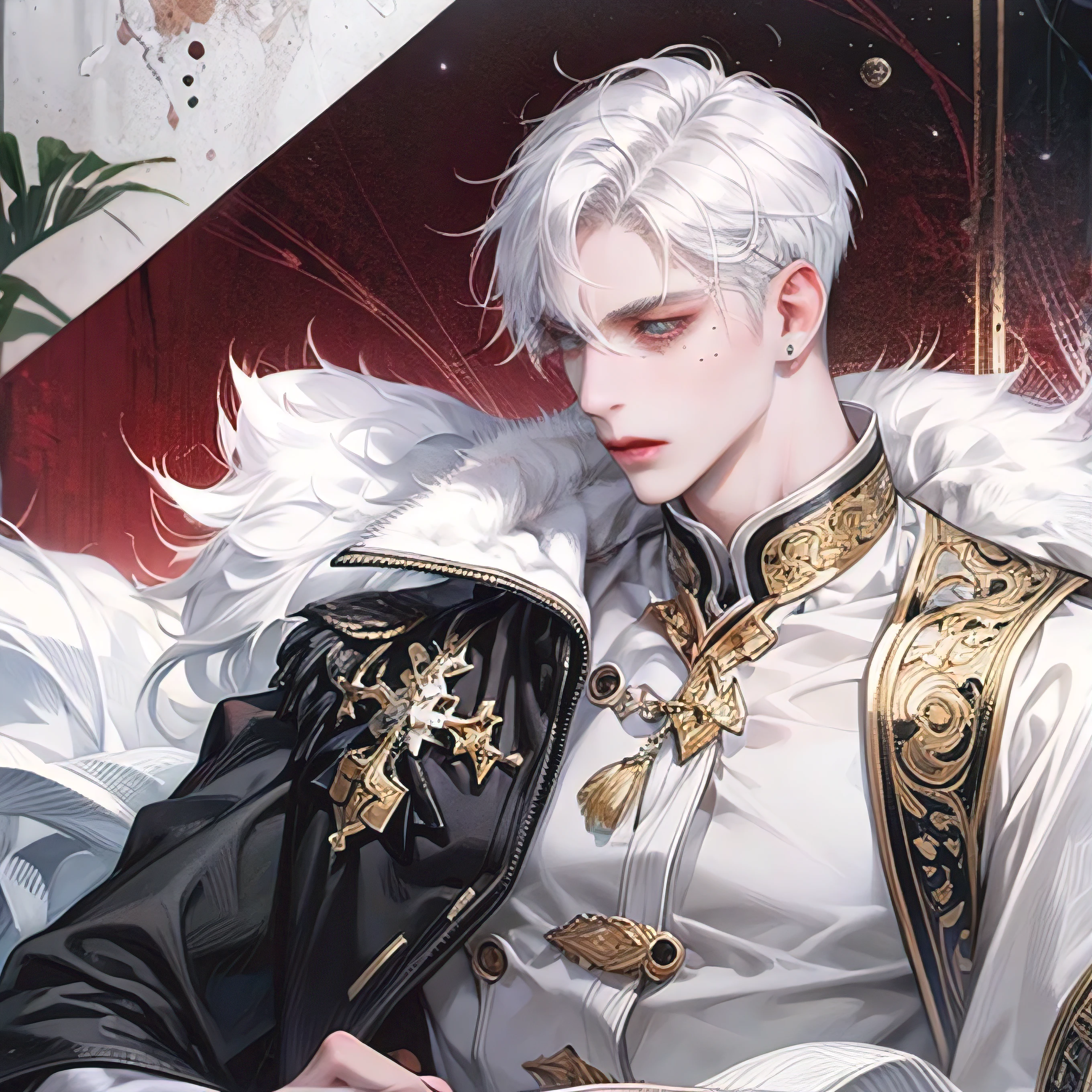 Albino man, straight white hair, mullet haircut, pale skin, gray eyes, mole on left cheek, piercing in the left ear and lower lip, thin white eyebrow, fleshy lips, sem pelos faciais, long white eyelashes wearing a white poet blouse, wide and muscular body.