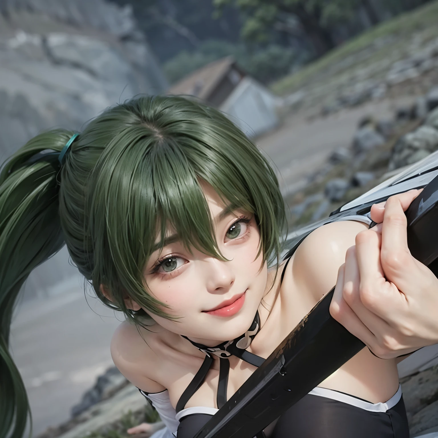 nsfw, naked, masterpiece, Very detailed, seductive girl, attractive girl, Beautiful seductive woman, beautiful girl, small smile, green hair, he looks at the viewer, a malicious smile, In the mountains