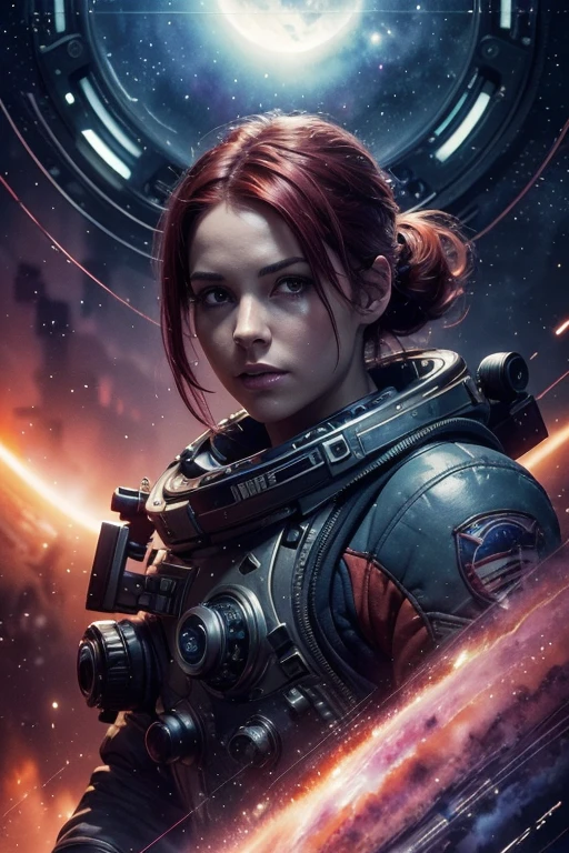 (masterpiece, top quality, best quality, extreme detailed, highest detailed, official art, beautiful and aesthetic:1.2), colorful, beautiful face, solo, perfect body, (1girl 25 years old with short red hair tied in a ponytail:1.1), in space, spacesuit, bust portrait, half-length portrait, looking at the viewer, looking at the camera, sun rays, indoors, (wires and cables:1.1), (science fiction:1.2), porthole, illuminator, stars,fantasy, high contrast, ink strokes, explosions, over exposure, purple and red tone impression , abstract, ((watercolor painting by John Berkey and Jeremy Mann )) brush strokes, negative space,