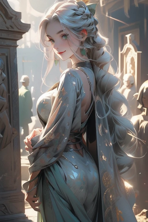 Perfect face. Perfect hands. A young silver haired woman with green eyes and an hourglass figure is smiling while posing in a cemetery