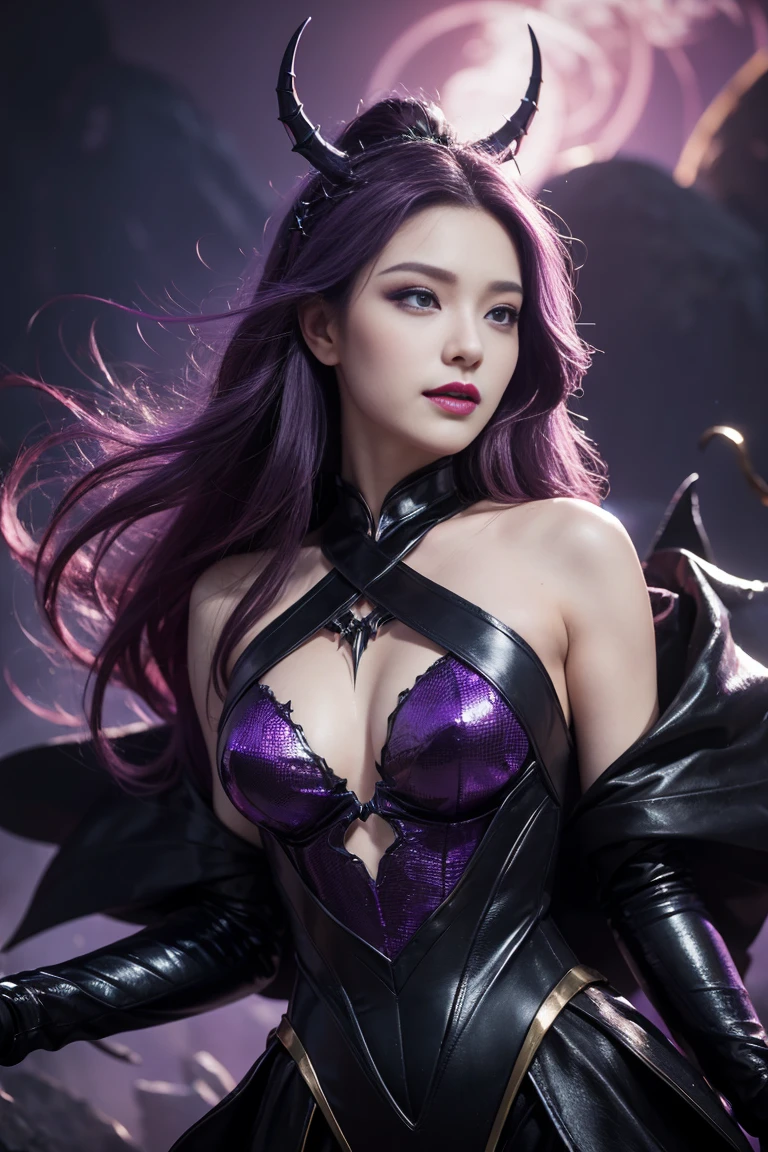 強力なスーパーevil femaleがクローズアップでポーズをとる, Black Goddess (Exposing shoulders), length, Flowing purple hair, View your audience, Highly detailed face, Perfect hands, Blue smoke swirling around her, Love evil things, Captivating blue eyes, Dark fantasy,  ， realistic girl rendering, 8k artistic german bokeh, Enchanting girl, Real Girls, Gurwitz, Gurwitz-style artwork, Girl Roleplay, Realistic 3D style, cgstation Popular Topics,, 8K Portrait Rendering,（truth，truth：1.4）、Genuine, Symmetric, Attention to detail, Esoteric arachnids lady, Spider Queen Elise, League of Legends, Esoteric arachnids, Combat Stance, ( The body is made with liquid metallic paints in metallic mauve and metallic black....、It beautifully depicts the female form....。), length, Sharp fangs, nature, ((Complex metallic colors in the foreground)), (( Fluid Mechanics, The most beautiful smooth scale face makeup, Smirking expression)) - Dark blood, Onyxia、Noir painting of a beautiful young witch, length purple hair, dark purple lips, evil, evil female, smile, Black Prom Dress, She is coming to you, close, Bright Blue Eyes, Surrounded by swirling pink smoke, Genuine, Attention to detail, Highest quality