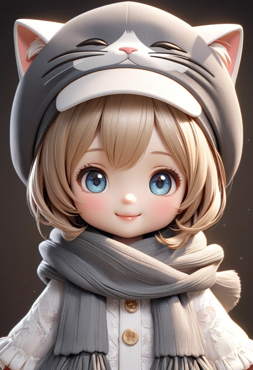 
          Q version cute  doll wearing cat ears hat and scarf. Elegant smile. Cute 3D cartoon style. Accurate anatomy. Extremely delicate texture. Cartoon character. Clear and detailed animation. High quality cartoon character. High quality realistic.
           