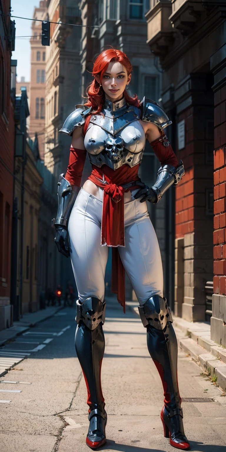 (masterpiece, best quality, 4k, 1girlsolo, 1MILFWOMAN, smile RED cheeks, plain background:1.2) perfect face, perfect lighting, mature whsororitas with gloves RED gauntlets in her hands like Cammy White from Street Fighter, bob RED hair, warhammer 40k power armor suit with loincloth, red eyes like rubies, full body RED armor, view from below, looking to the viewer, arms to the sides empty hands, RED military boots, silver skull ornament attached to crossing 2 belt wide hips, 2 long legs