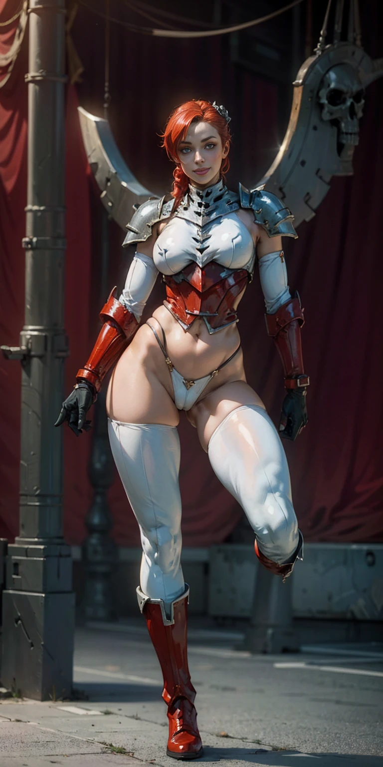 (masterpiece, best quality, 4k, 1girlsolo, 1MILFWOMAN, smile RED cheeks, plain background:1.2) perfect face, perfect lighting, mature whsororitas with gloves RED gauntlets in her hands like Cammy White from Street Fighter, bob RED hair, warhammer 40k power armor suit with loincloth, red eyes like rubies, full body RED armor, view from below, looking to the viewer, arms to the sides empty hands, RED military boots, silver skull ornament attached to crossing 2 belt wide hips, 2 long legs