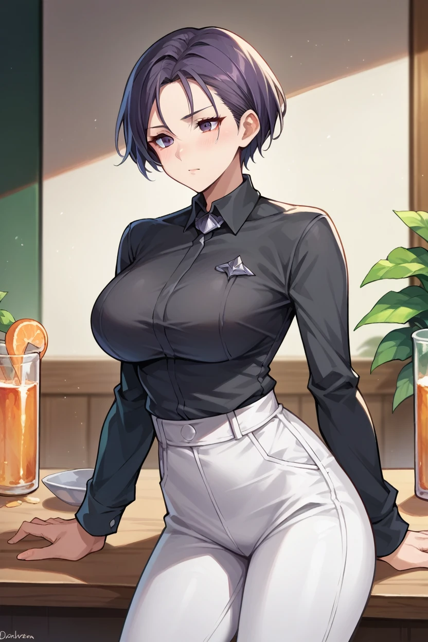 score_9, score_8_superior, score_7_superior, score_6_superior, sauce_anime, Break 1 Girl,  Defshamia, short hair, Big Breasts, Black Shirt, Collared shirt, Long sleeve, White pants,