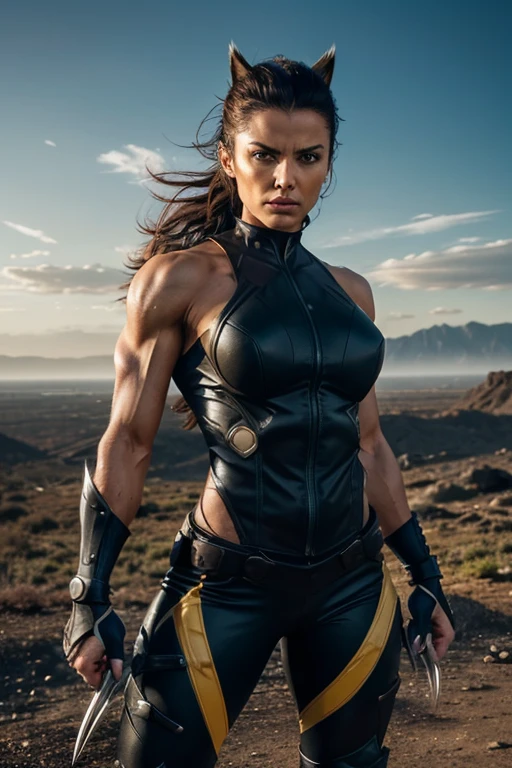 A fierce and formidable female Wolverine stands in a dynamic, action-packed pose. She has sharp, retractable adamantium claws extended from her knuckles, gleaming menacingly in the light. Her outfit is a sleek, modern take on the classic Wolverine costume, featuring a mix of dark yellow and black with tactical elements. Her muscular build and athletic physique showcase her strength and agility. She has wild, untamed hair cascading down her shoulders and intense, piercing eyes that reflect her ferocity and determination. The background is a rugged, post-apocalyptic landscape with hints of destruction and nature reclaiming the ruins, highlighting her resilience and survival instincts.