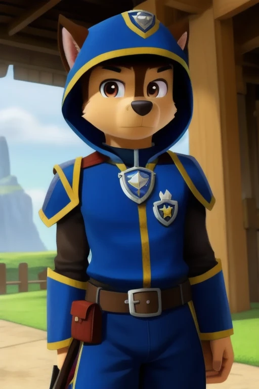 detailed fluffy fur texture, Impressionist mixture, detailed eyes, very detailed students, One, fluffy, antro, Chase-PP, Male, Brown eyes, brown fur, light brown body, Fur body, fully dressed, wide hips, inner fluffy ears, foreground, Grumpy expression, Blue Fantasy Ranger Outfit, pants, armor, dungeons and dragons, Hood, crossbow in right hand, anime style, masterpiece, Beautiful