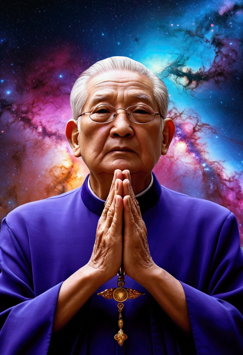 Elderly men,Prayer Posture,whole body, (Colorful and beautiful nebula:), Vibrant colors, an explosion of colors, The complex surroundings, The background is complicated, spiritual, god聖な, dream-like, god, Pineal gland, dream-like, (Highly detailed CG unit wallpaper 16k:1.1), (Noise suppression: 1.45), (masterpiece:1.37), Ultra-high resolution), Praying Hands, Blessing Hands, solemn gesture, Prayer Posture, Surreal, Godrays, Ray Tracing, Ray Tracing, Ultra-high resolution, Award-winning, Award-winning
