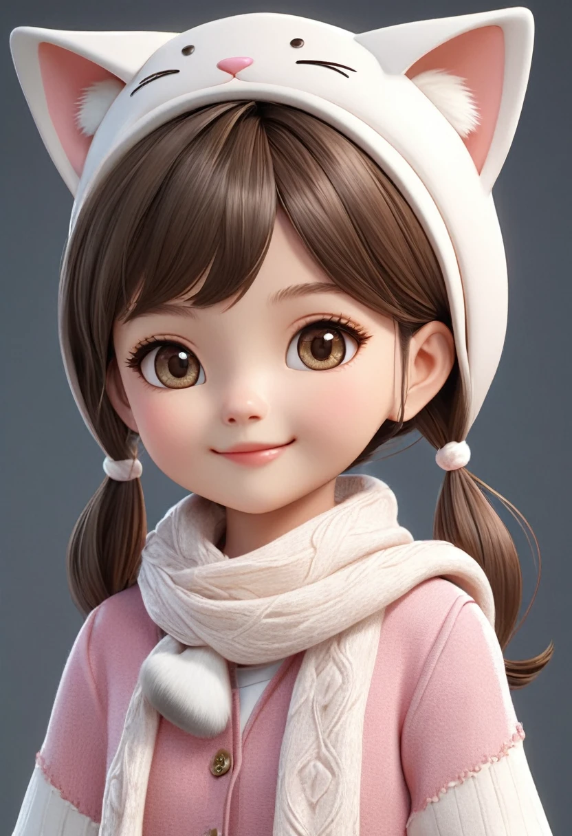 Q version cute little girl doll wearing cat ears hat and scarf. Elegant smile. Cute 3D cartoon style. Accurate anatomy. Extremely delicate texture. Cartoon character. Clear and detailed animation. High quality cartoon character. High quality realistic.