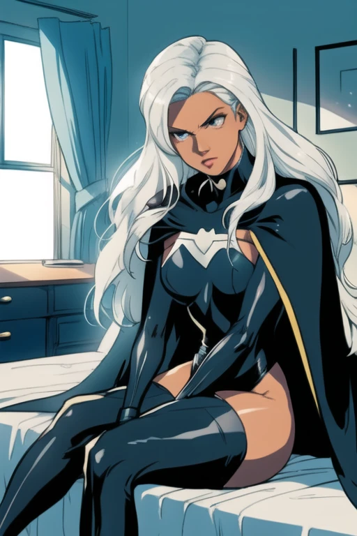 X men, 1girl, solo, cape, long cape, thigh highs boots, gloves, Ororo, bodysuit, strapless, white hair, black superhero suit, long hair, sitting, bedroom