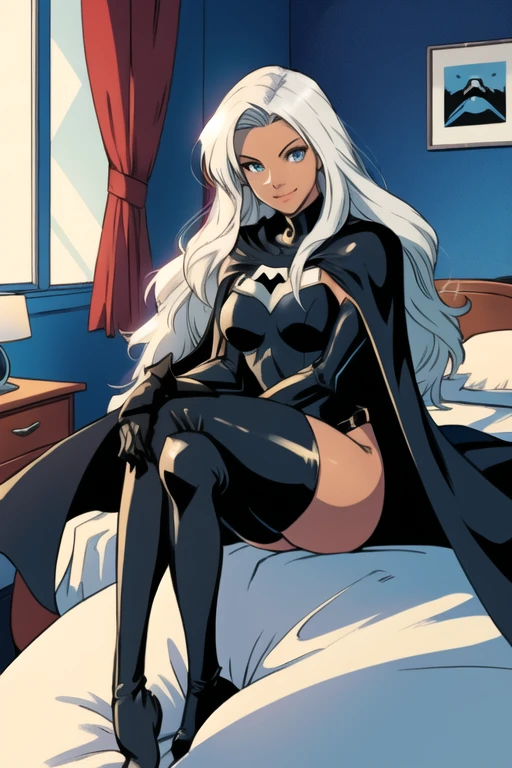 X men, 1girl, solo, cape, long cape, thigh highs boots, gloves, Ororo, bodysuit, strapless, white hair, black superhero suit, long hair, sitting, bedroom, smile